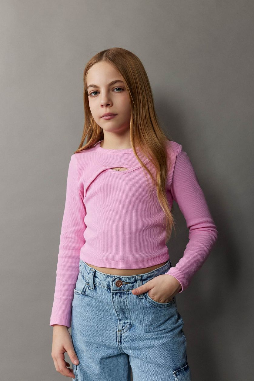 Kız Çocuk - Genç Kız Açık Pembe Bisiklet Yaka Fitilli Kaşkorse Uzun Kollu Tişört Kız Çocuk