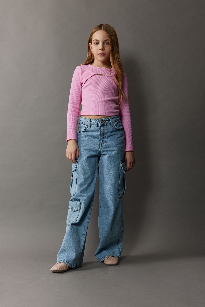 Kız Çocuk - Genç Kız Açık Pembe Bisiklet Yaka Fitilli Kaşkorse Uzun Kollu Tişört Kız Çocuk