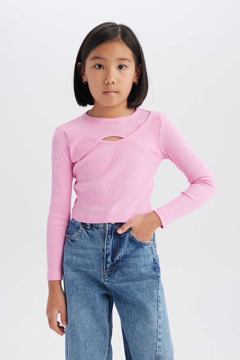 Kız Çocuk - Genç Kız Açık Pembe Bisiklet Yaka Fitilli Kaşkorse Uzun Kollu Tişört Kız Çocuk