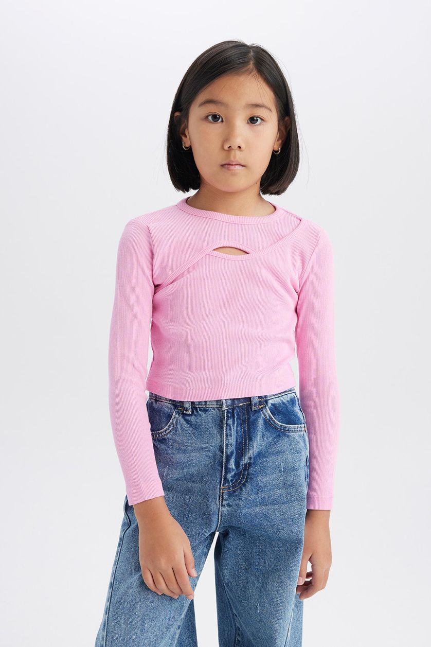 Kız Çocuk - Genç Kız Açık Pembe Bisiklet Yaka Fitilli Kaşkorse Uzun Kollu Tişört Kız Çocuk