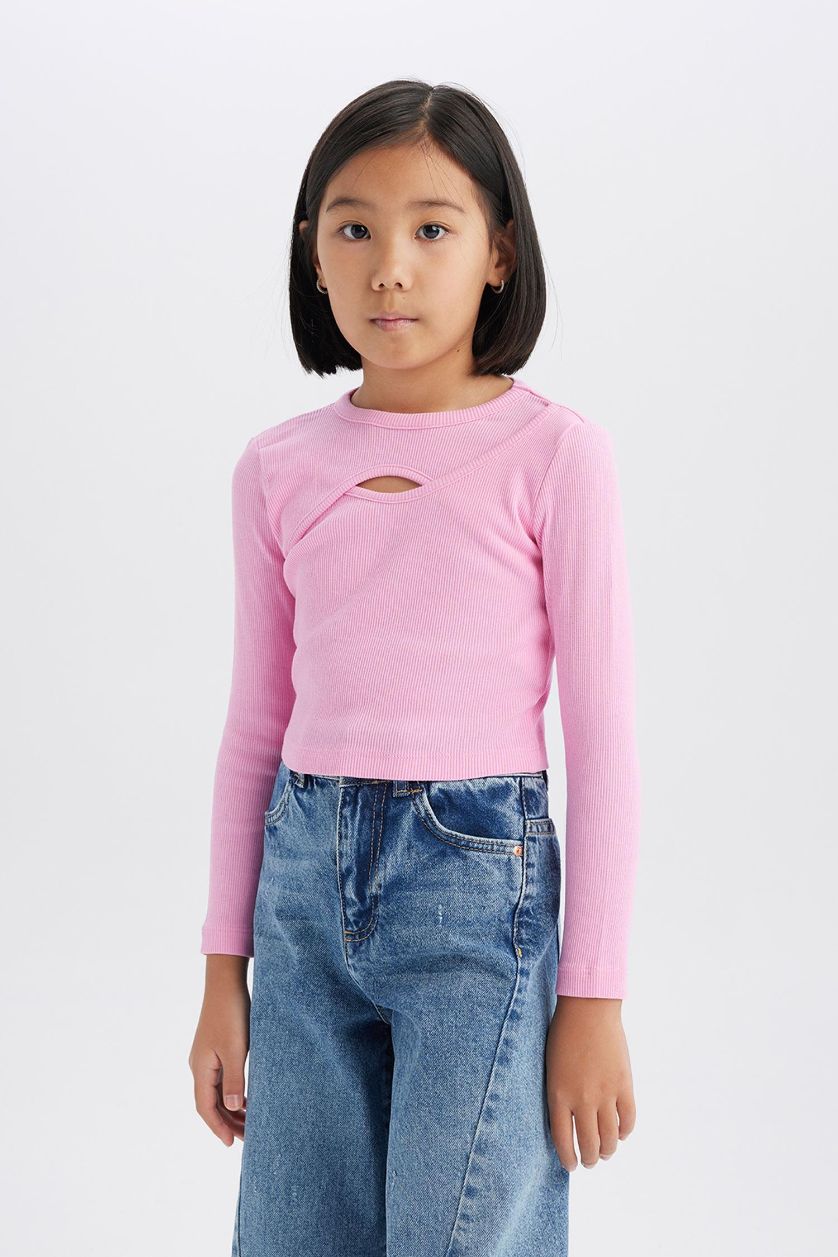 Kız Çocuk - Genç Kız Açık Pembe Bisiklet Yaka Fitilli Kaşkorse Uzun Kollu Tişört Kız Çocuk