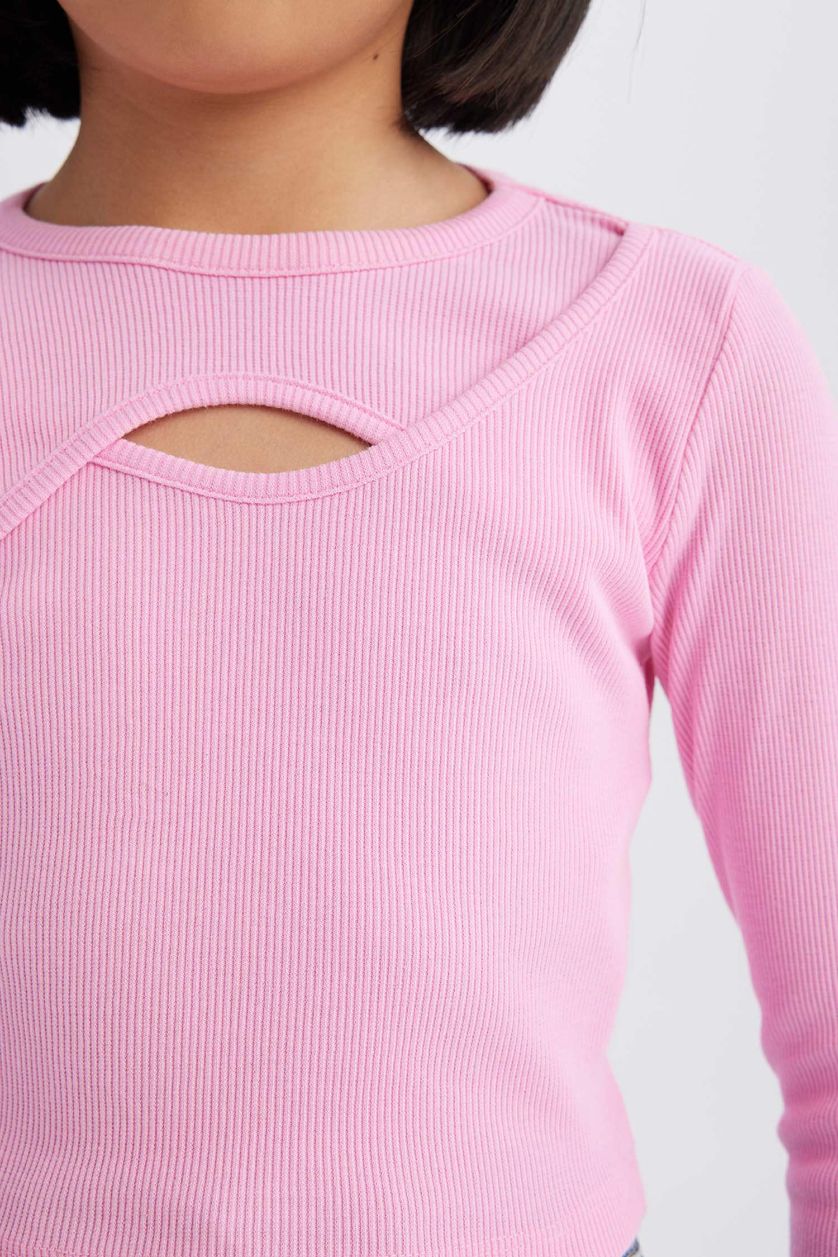 Kız Çocuk - Genç Kız Açık Pembe Bisiklet Yaka Fitilli Kaşkorse Uzun Kollu Tişört Kız Çocuk