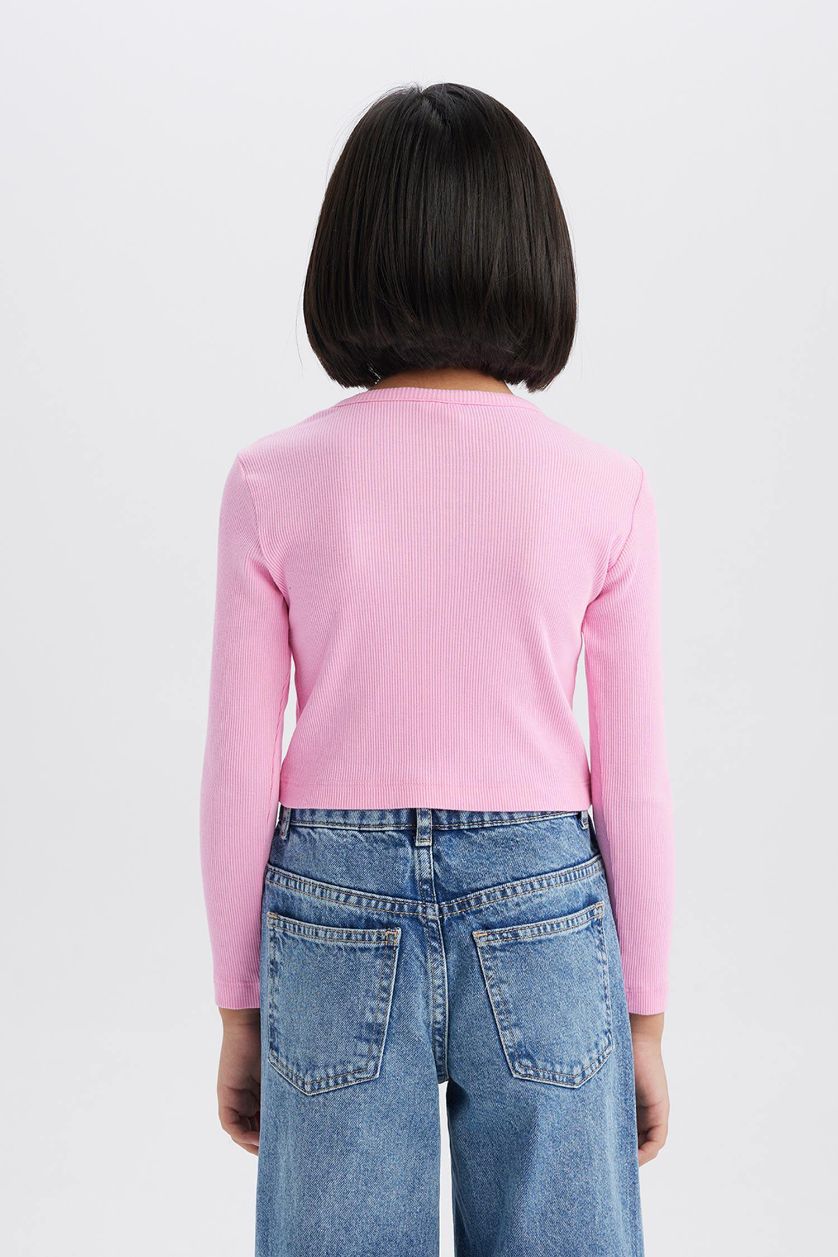 Kız Çocuk - Genç Kız Açık Pembe Bisiklet Yaka Fitilli Kaşkorse Uzun Kollu Tişört Kız Çocuk