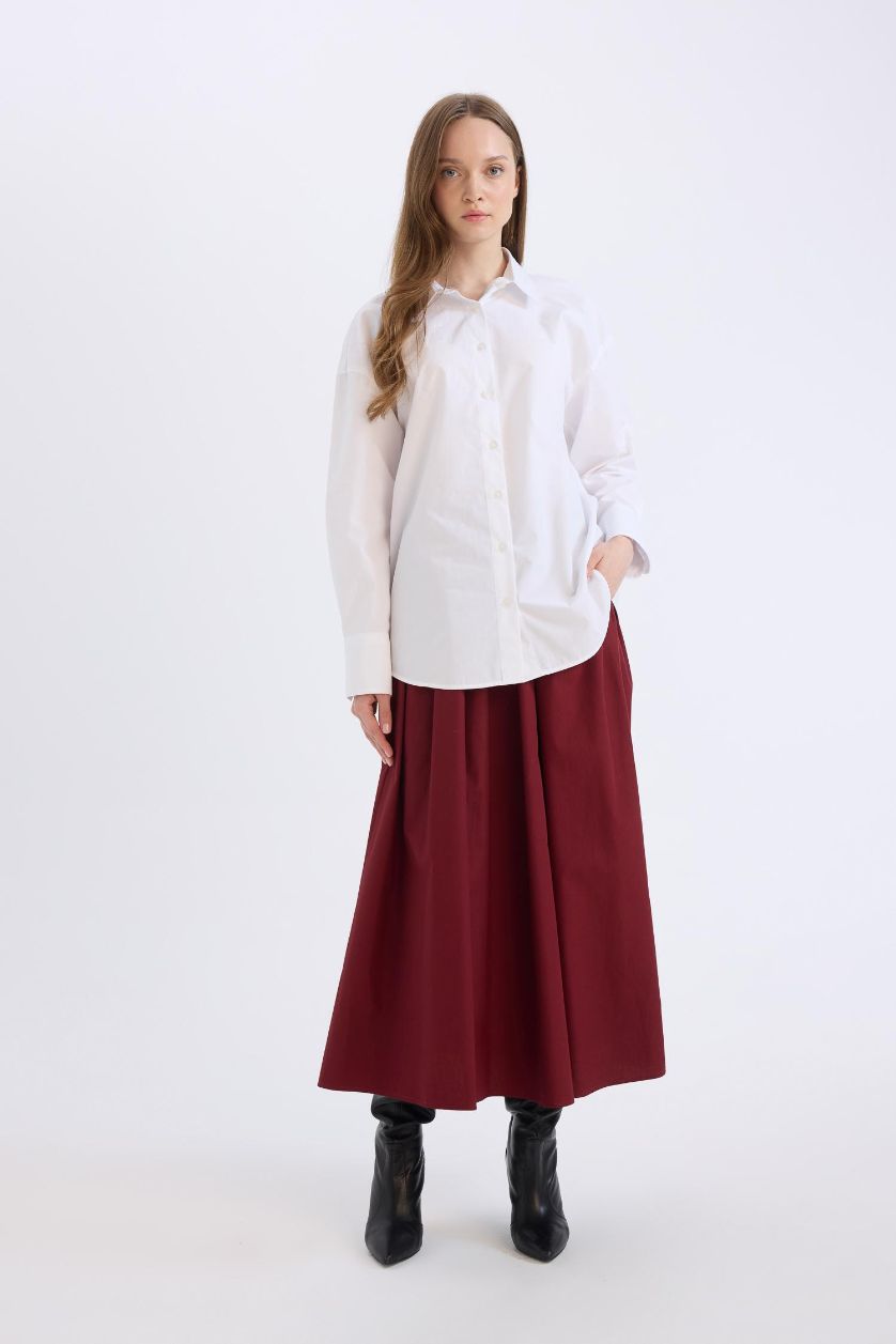 WOMAN Bordeaux A Cut Waist Zippered Basic Poplin Fabric Maxi Skirt