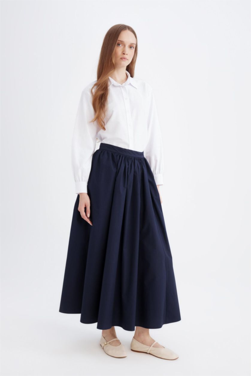 Kadın Lacivert A Kesim Beli Fermuarlı Basic Düz Poplin Kumaş Maxi Etek