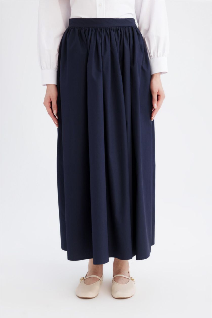 Kadın Lacivert A Kesim Beli Fermuarlı Basic Düz Poplin Kumaş Maxi Etek