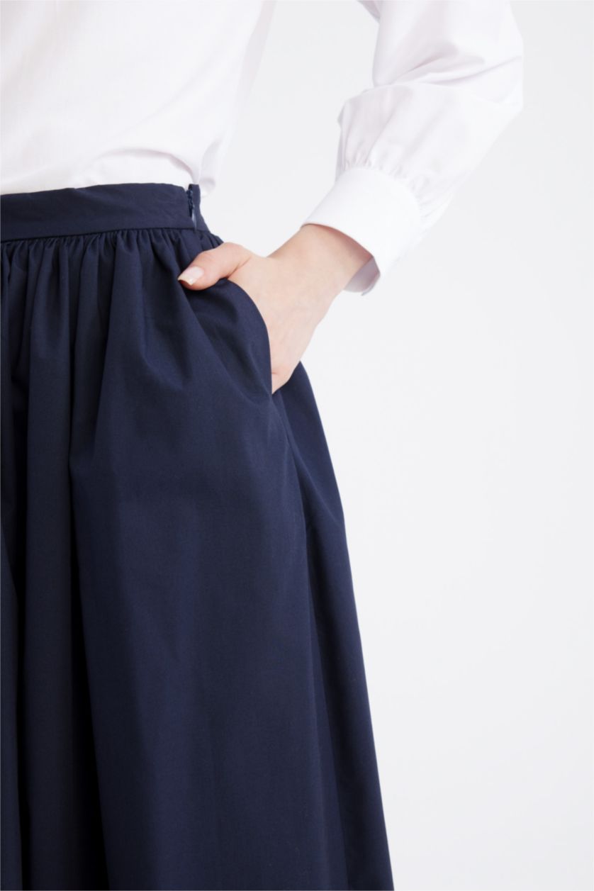 Kadın Lacivert A Kesim Beli Fermuarlı Basic Düz Poplin Kumaş Maxi Etek