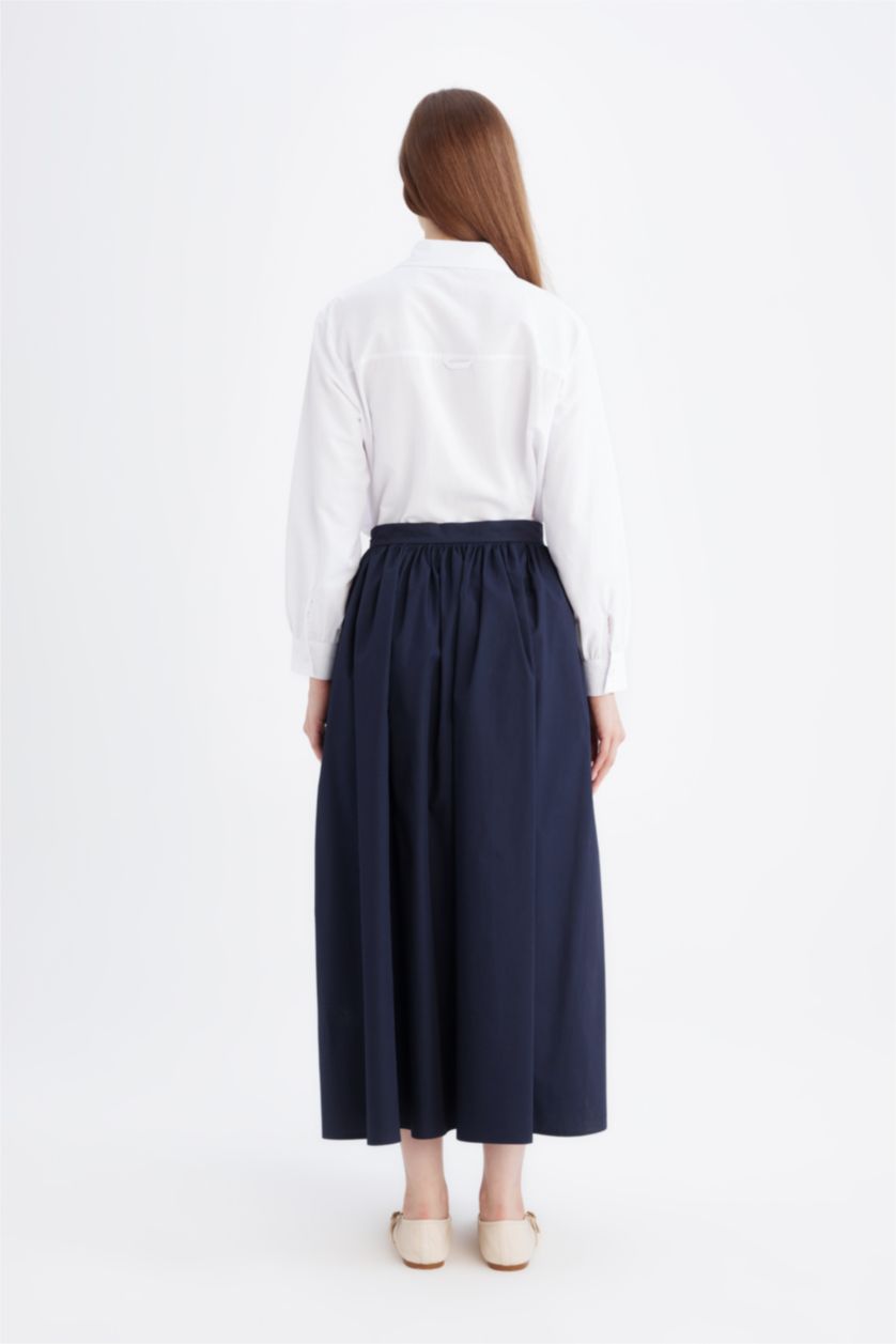 Kadın Lacivert A Kesim Beli Fermuarlı Basic Düz Poplin Kumaş Maxi Etek