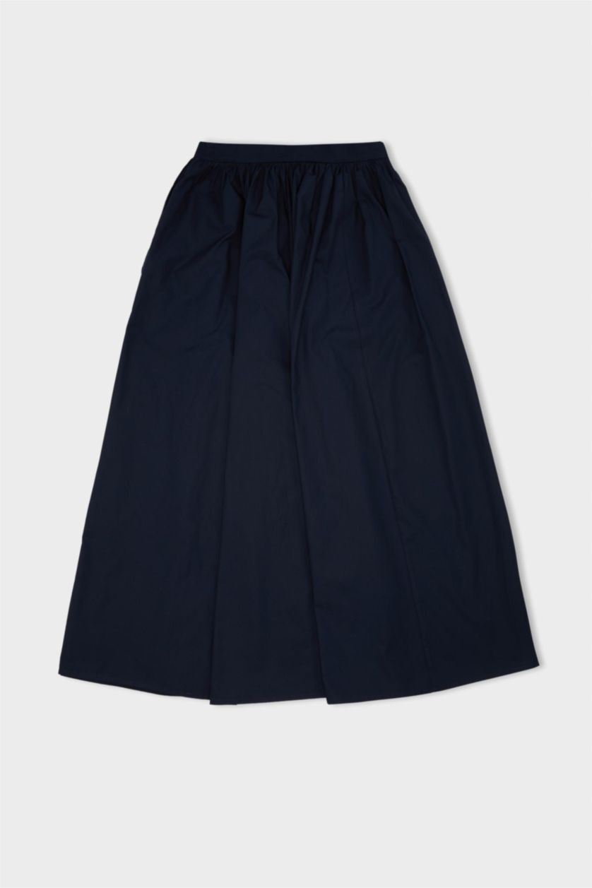 Kadın Lacivert A Kesim Beli Fermuarlı Basic Düz Poplin Kumaş Maxi Etek