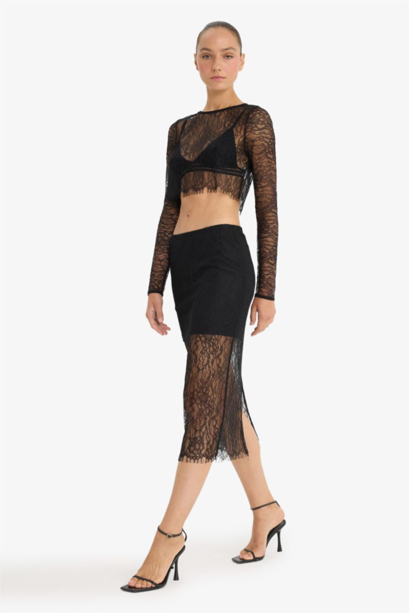 Kadın Siyah Slim Fit Dar Kesim Astarlı Midi Dantelli Etek