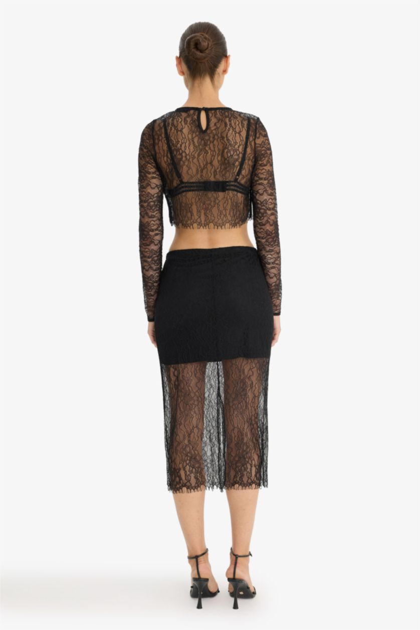 Kadın Siyah Slim Fit Dar Kesim Astarlı Midi Dantelli Etek