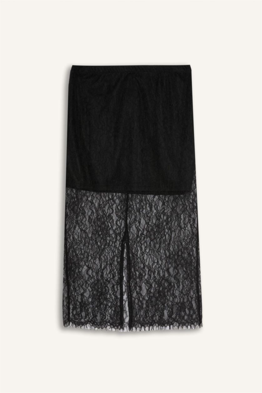 Kadın Siyah Slim Fit Dar Kesim Astarlı Midi Dantelli Etek