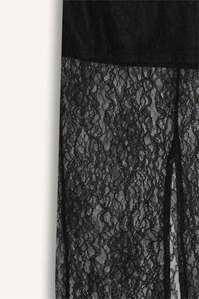 Kadın Siyah Slim Fit Dar Kesim Astarlı Midi Dantelli Etek