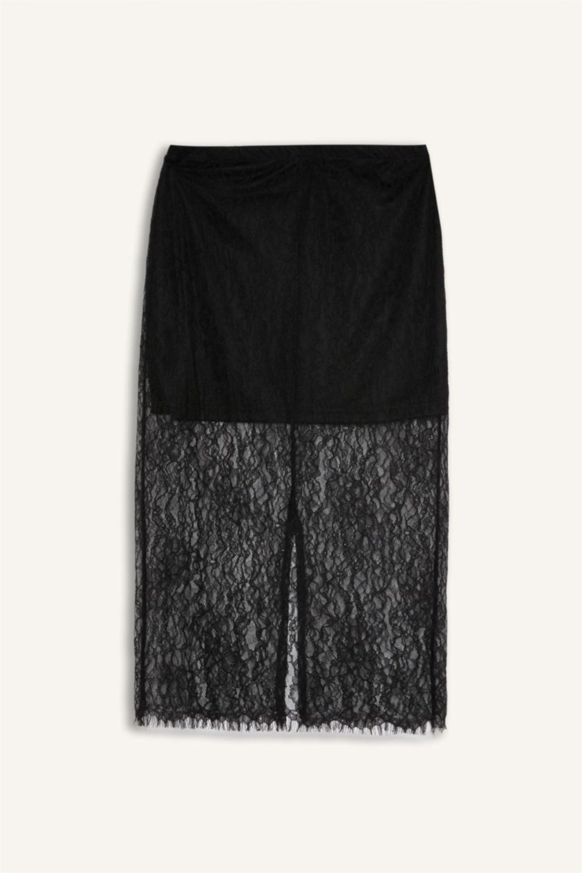 Kadın Siyah Slim Fit Dar Kesim Astarlı Midi Dantelli Etek