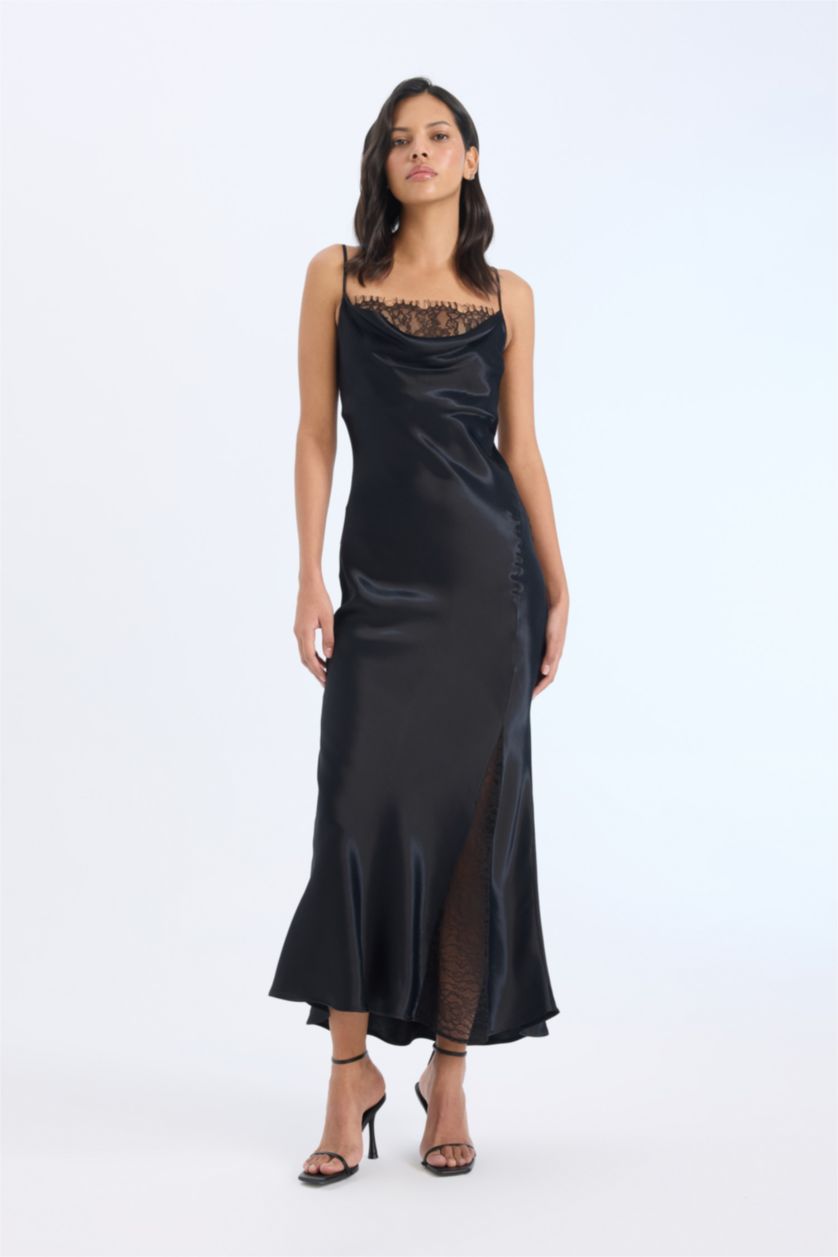 Kadın Siyah Degaje Yaka A Kesim Saten Askılı Midi Abiye Elbise