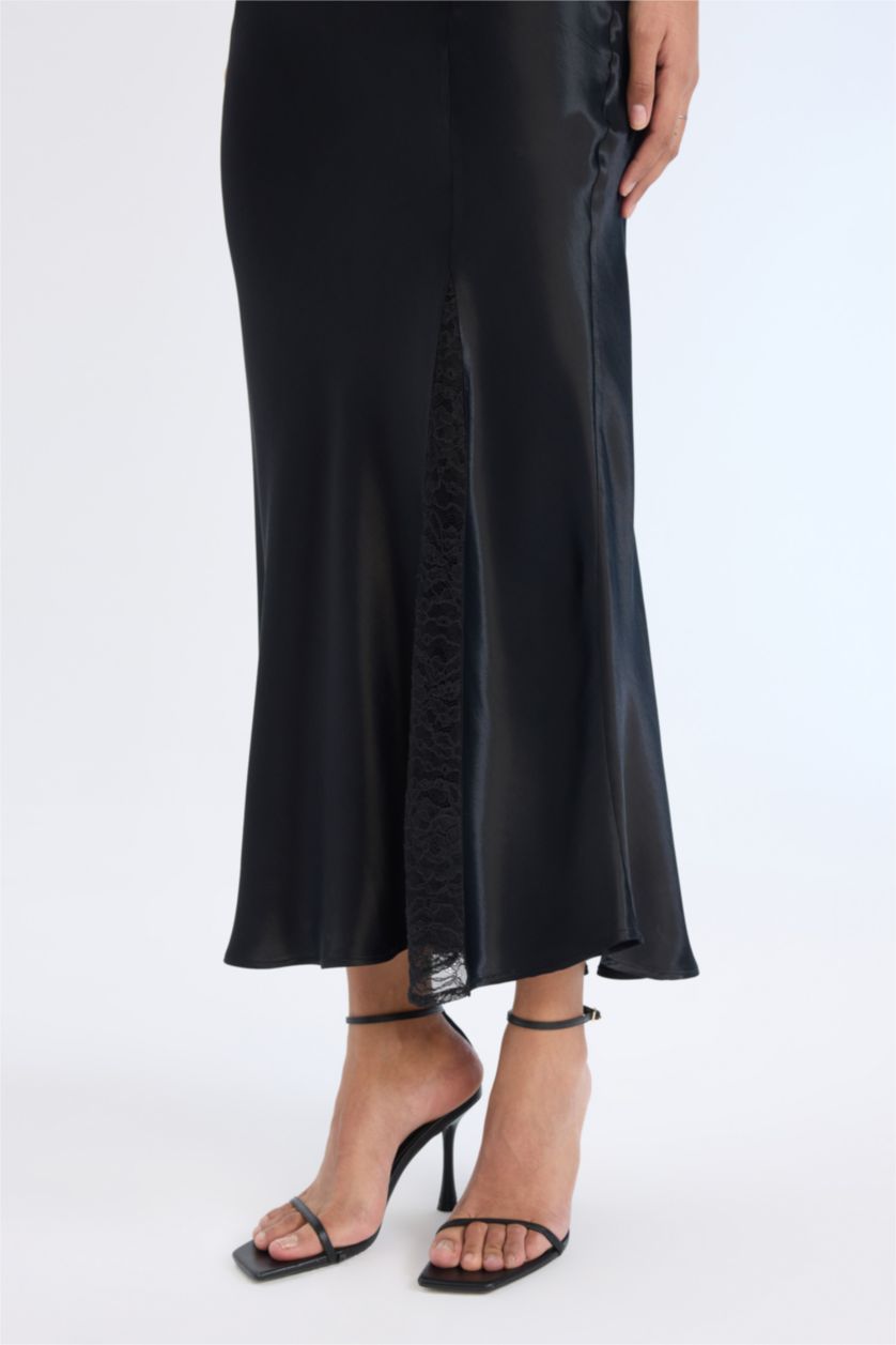 Kadın Siyah Degaje Yaka A Kesim Saten Askılı Midi Abiye Elbise