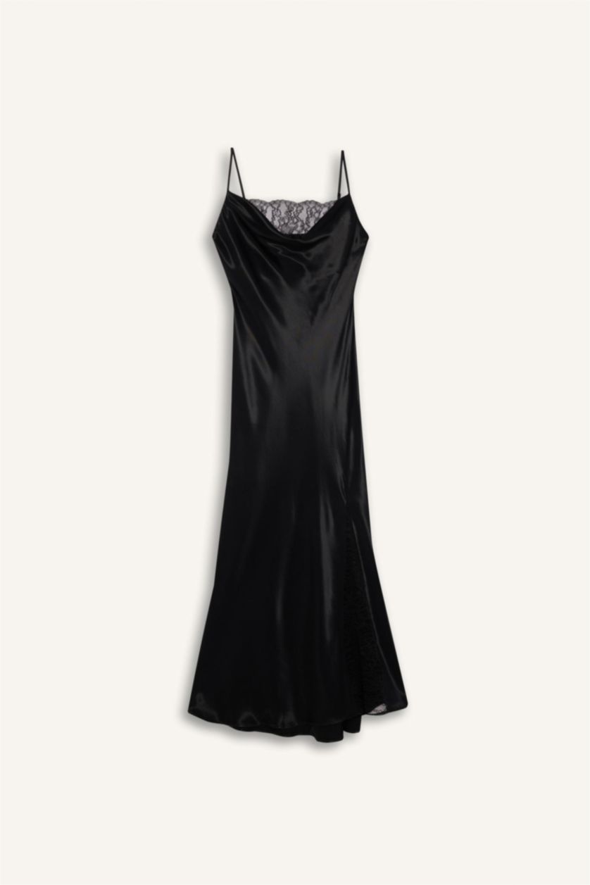 Kadın Siyah Degaje Yaka A Kesim Saten Askılı Midi Abiye Elbise