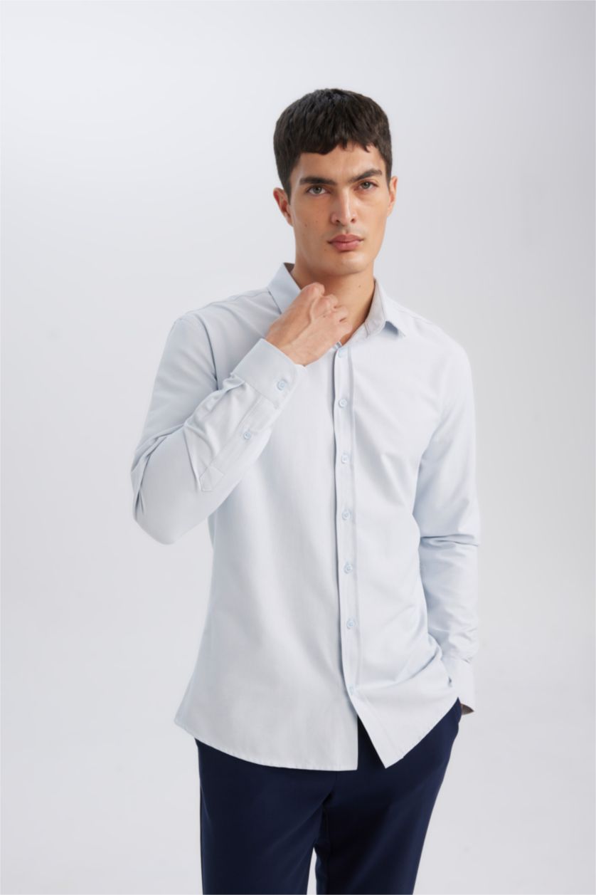 Erkek Açık Mavi Modern Fit Dokulu Pamuk Karışımlı Uzun Kollu Gömlek