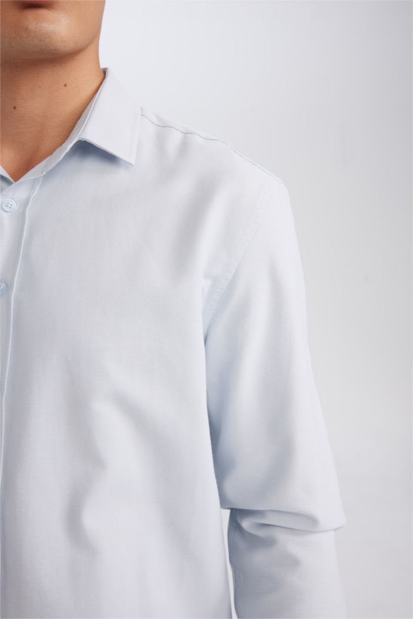 Erkek Açık Mavi Modern Fit Dokulu Pamuk Karışımlı Uzun Kollu Gömlek