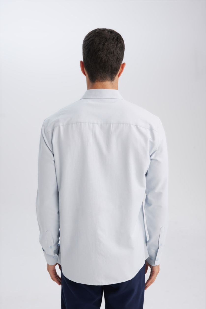 Erkek Açık Mavi Modern Fit Dokulu Pamuk Karışımlı Uzun Kollu Gömlek