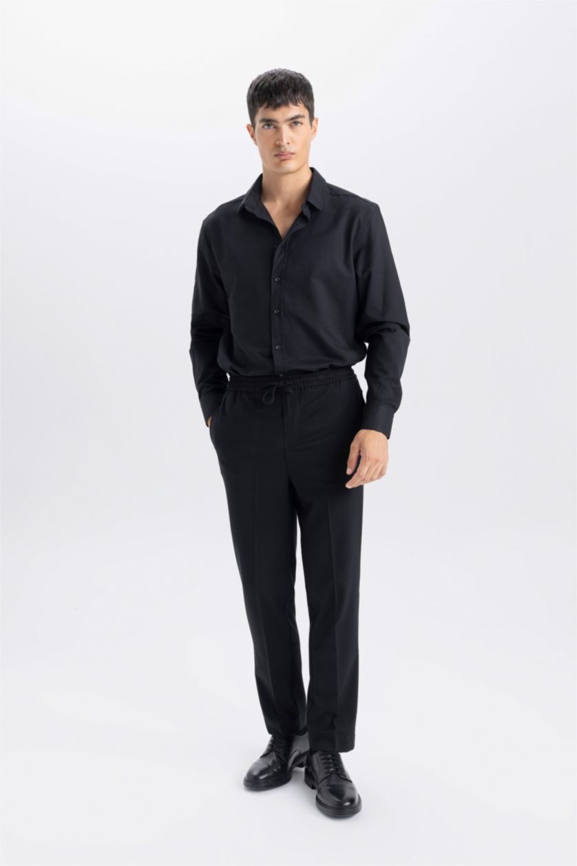 Man Black Modern Fit Polo Collar Long Sleeve Shirt