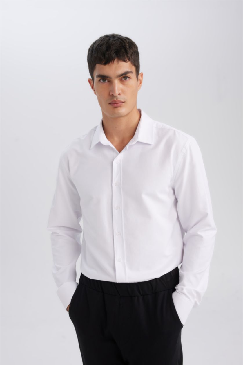 HOMME Blanc Chemise à manches longues en coton mélangé texturé uni de coupe moderne