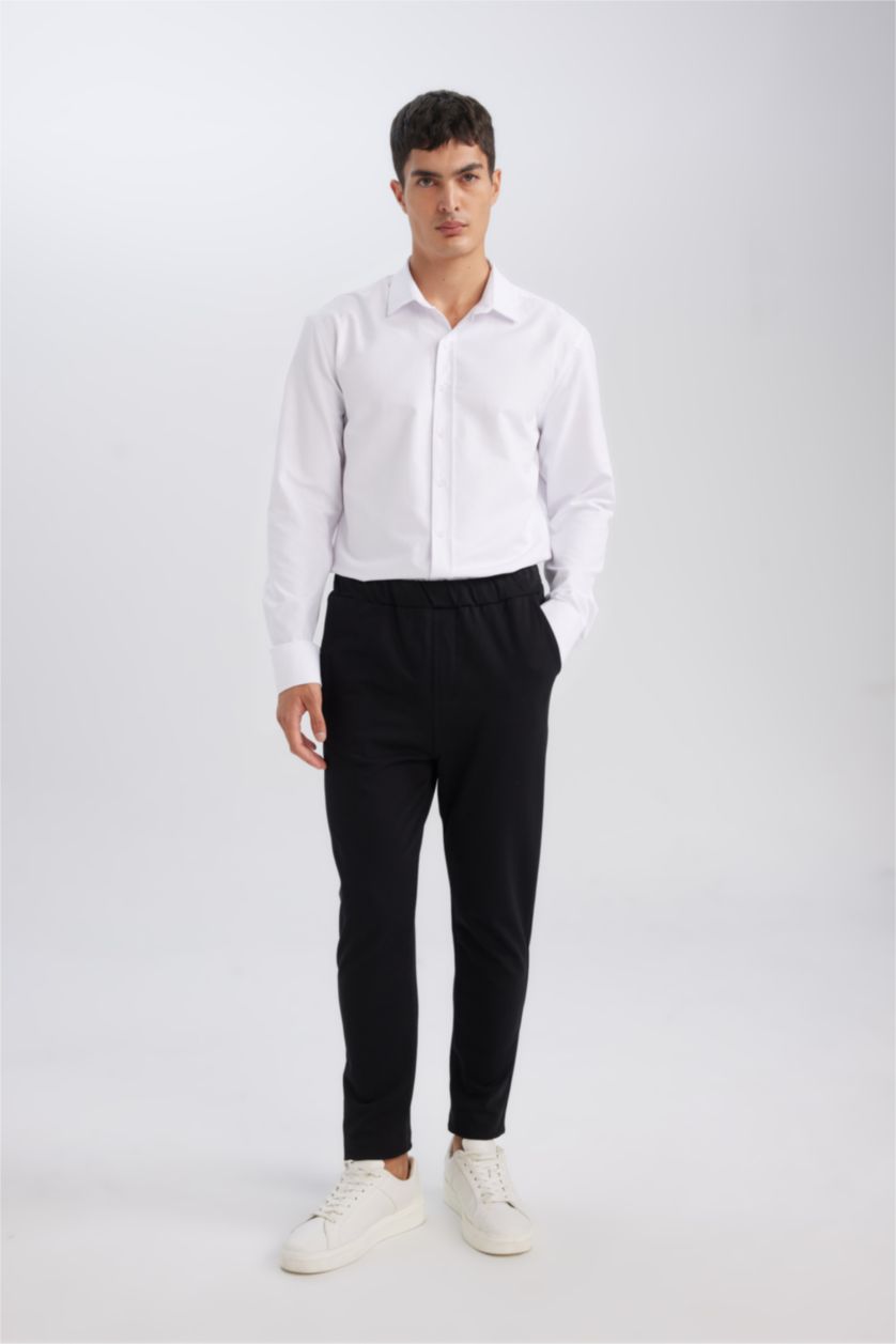 HOMME Blanc Chemise à manches longues en coton mélangé texturé uni de coupe moderne