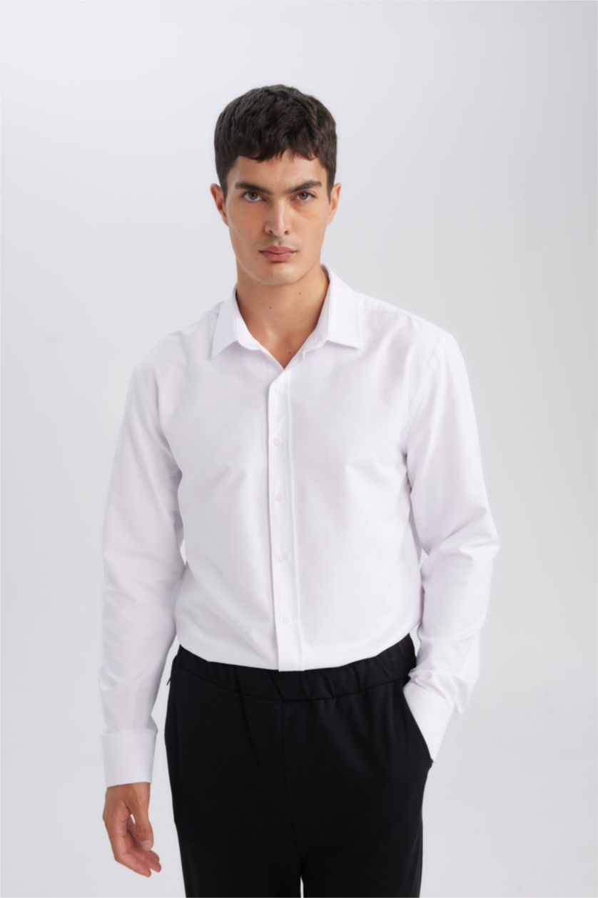 HOMME Blanc Chemise à manches longues en coton mélangé texturé uni de coupe moderne