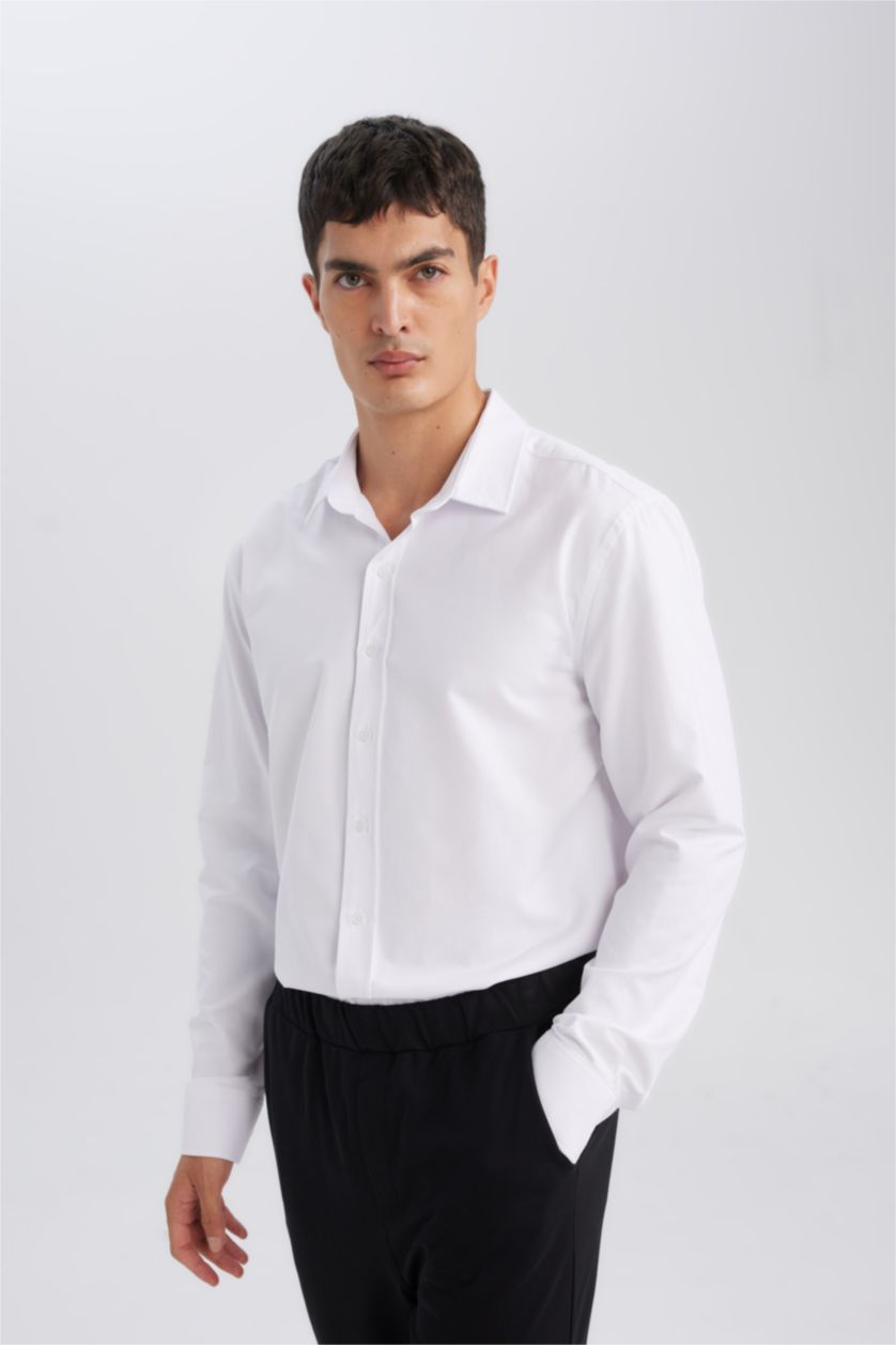 HOMME Blanc Chemise à manches longues en coton mélangé texturé uni de coupe moderne