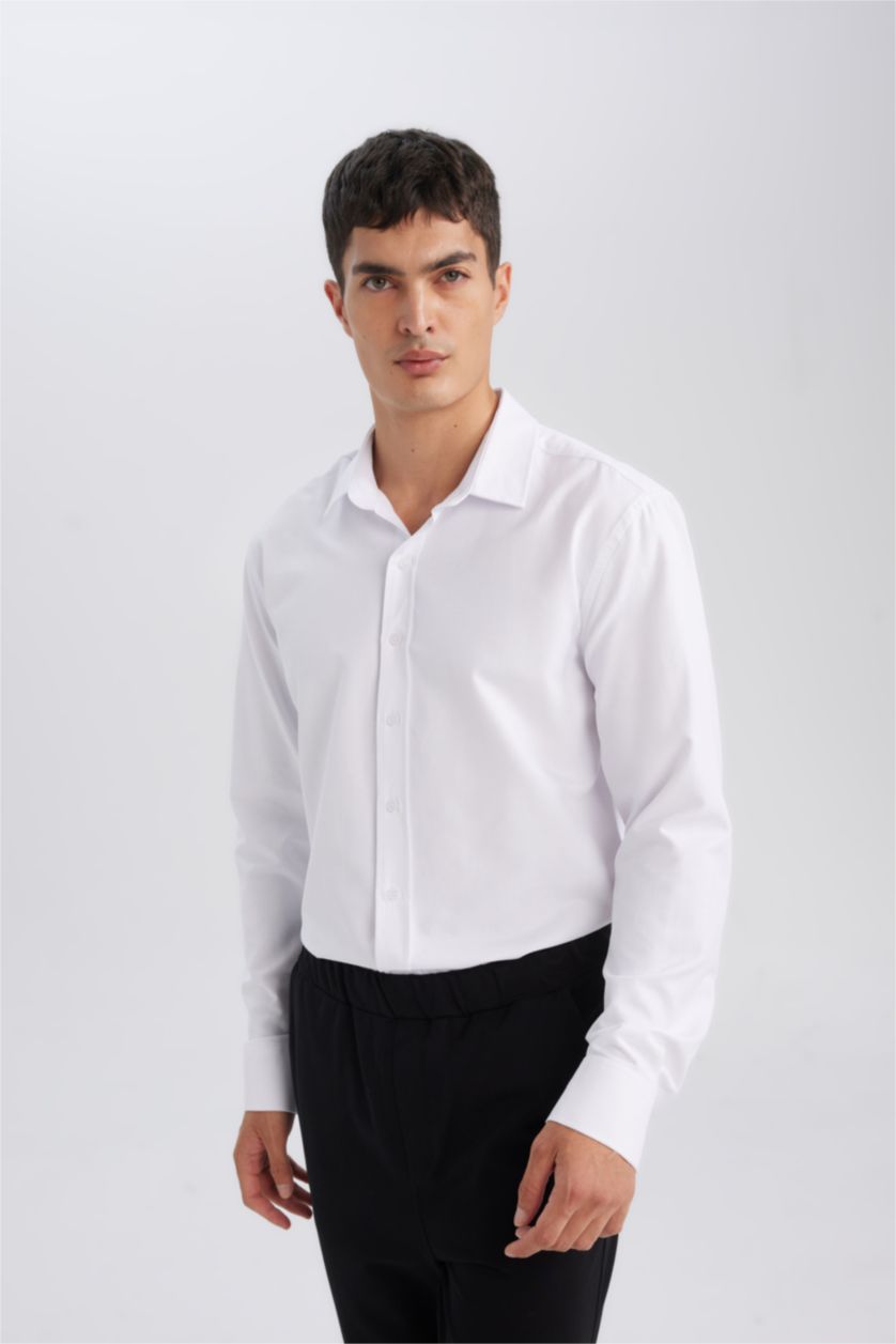 HOMME Blanc Chemise à manches longues en coton mélangé texturé uni de coupe moderne