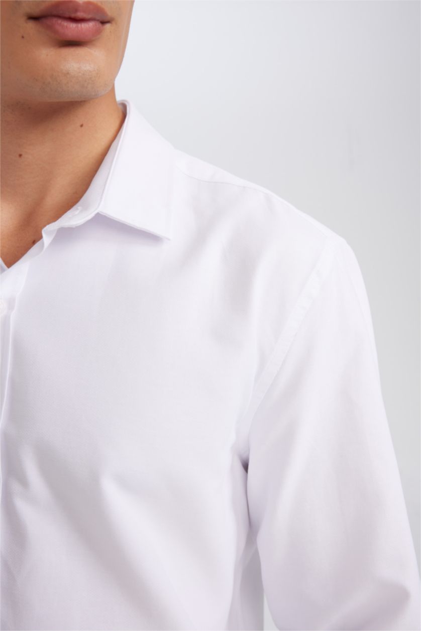 HOMME Blanc Chemise à manches longues en coton mélangé texturé uni de coupe moderne