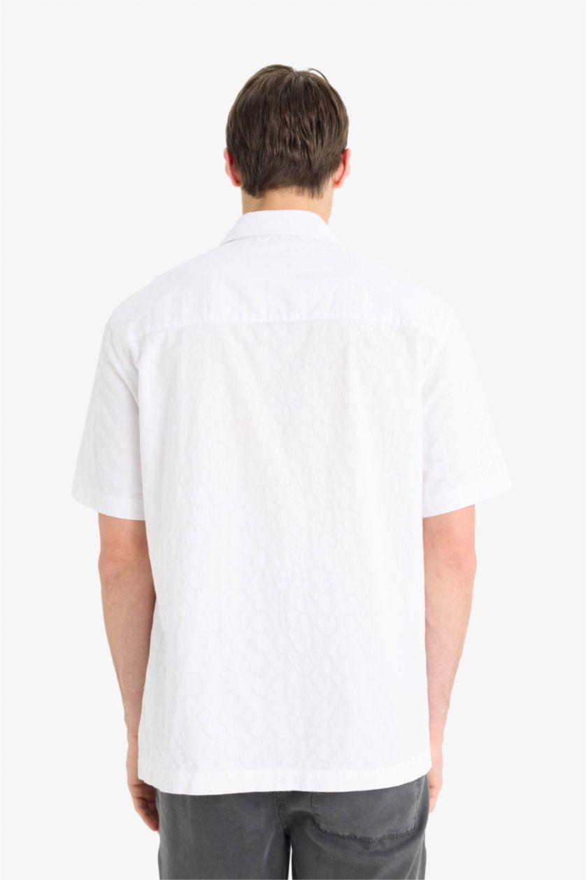 Erkek Beyaz %100 Pamuk Regular Fit Jakarlı Kısa Kollu Gömlek