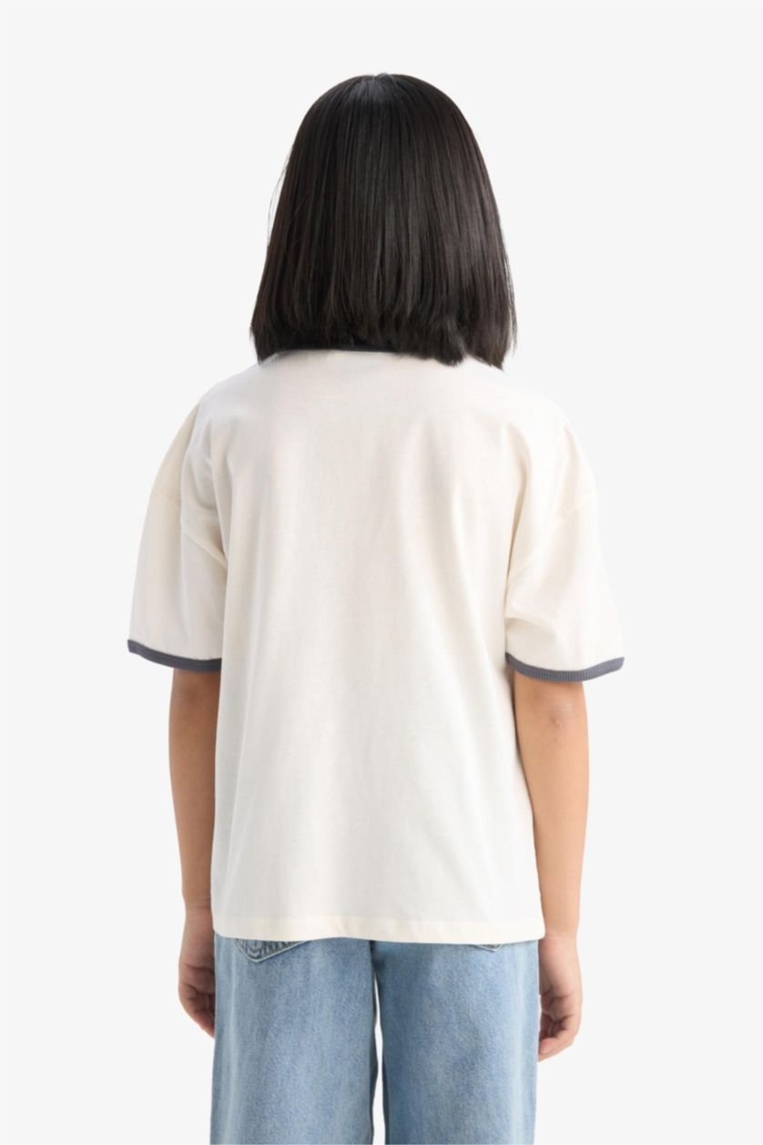 Kız Çocuk - Genç Kız Ekru Star Wars-Mandalorian Relax Fit Bisiklet Yaka Ribana Kısa Kollu Tişört Kız Çocuk