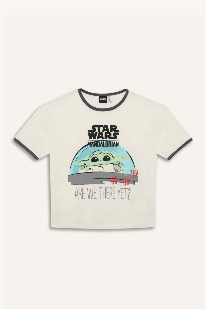 Kız Çocuk - Genç Kız Ekru Star Wars-Mandalorian Relax Fit Bisiklet Yaka Ribana Kısa Kollu Tişört Kız Çocuk