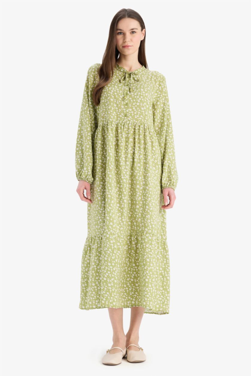 WOMAN Beige Crew Neck Printed Viscose Dress