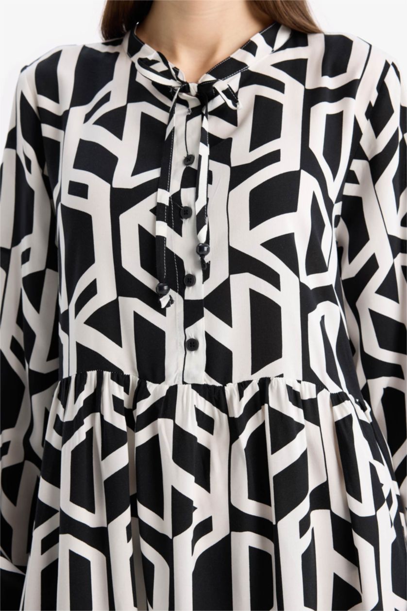 حريمي بيج فاتح فستا طويل أسود منقوش كم طويل فيسكوز بياقة مستديرة