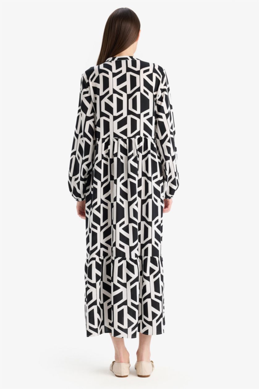 حريمي بيج فاتح فستا طويل أسود منقوش كم طويل فيسكوز بياقة مستديرة