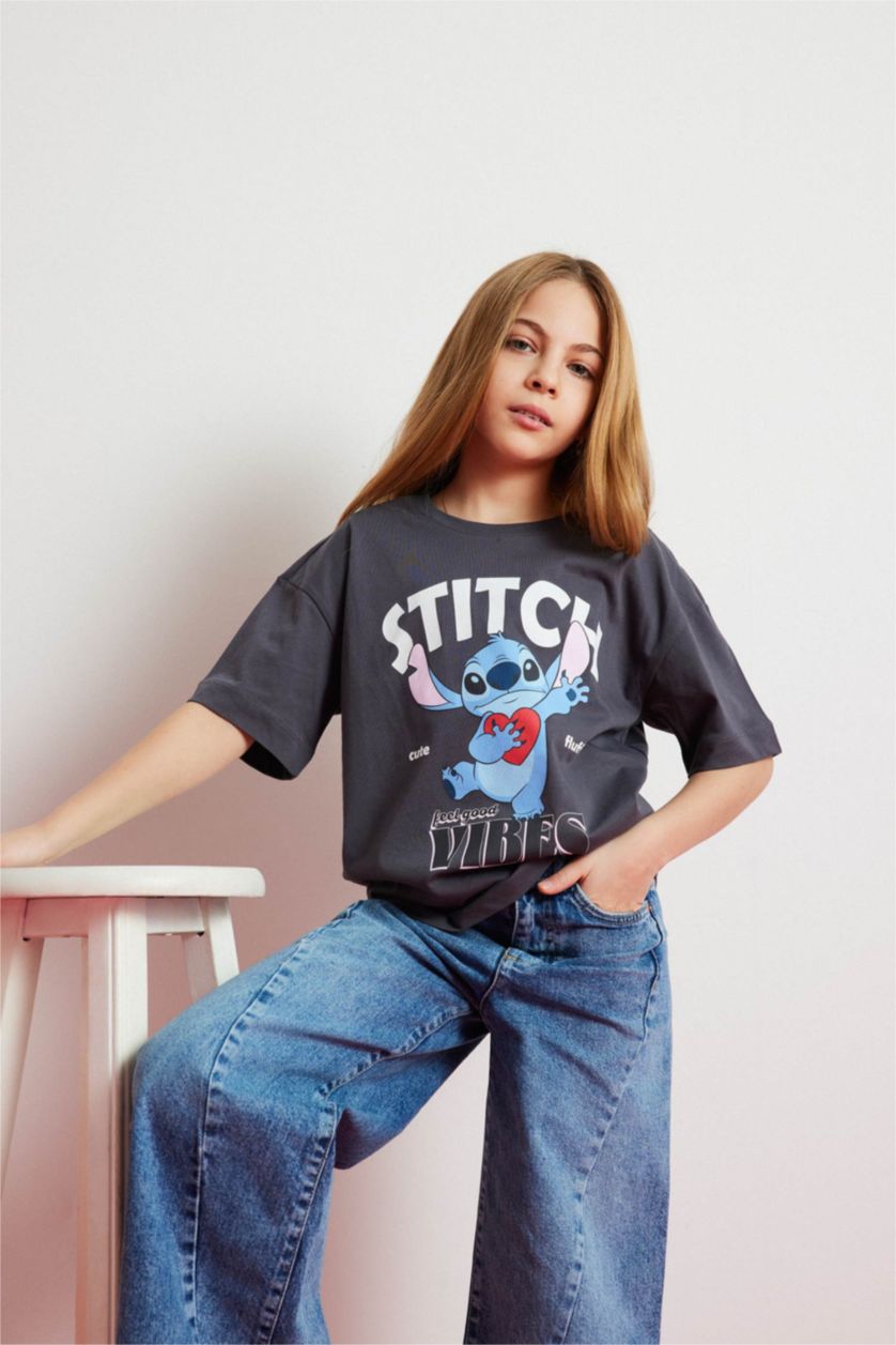 Kız Çocuk - Genç Kız Antrasit Disney Lilo & Stitch Oversize Geniş Kalıp Bisiklet Yaka Kısa Kollu Tişört Kız Çocuk