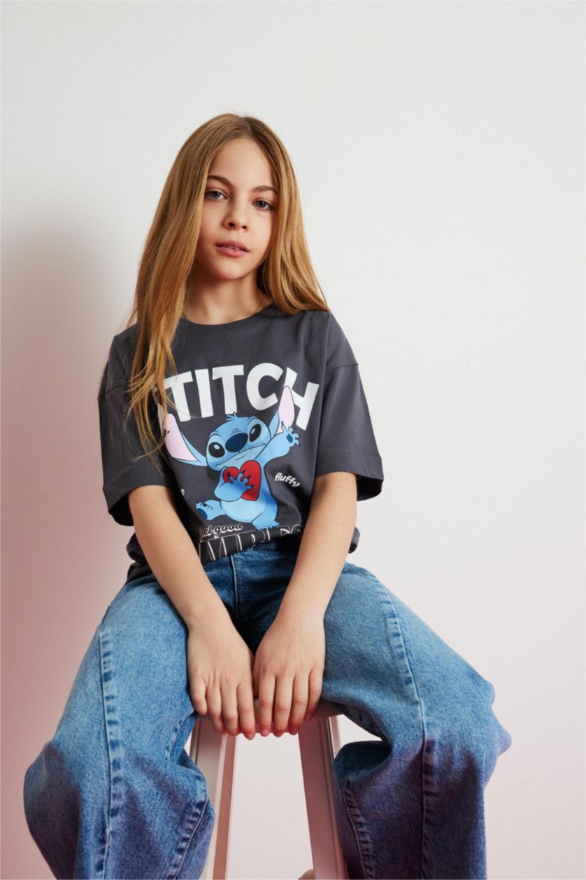 Kız Çocuk - Genç Kız Antrasit Disney Lilo & Stitch Oversize Geniş Kalıp Bisiklet Yaka Kısa Kollu Tişört Kız Çocuk