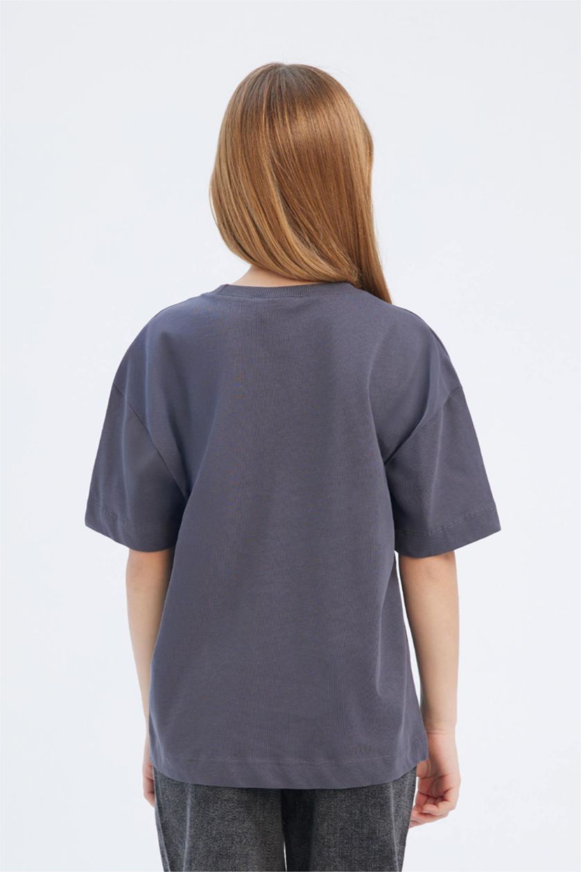 Kız Çocuk - Genç Kız Antrasit Disney Lilo & Stitch Oversize Geniş Kalıp Bisiklet Yaka Kısa Kollu Tişört Kız Çocuk