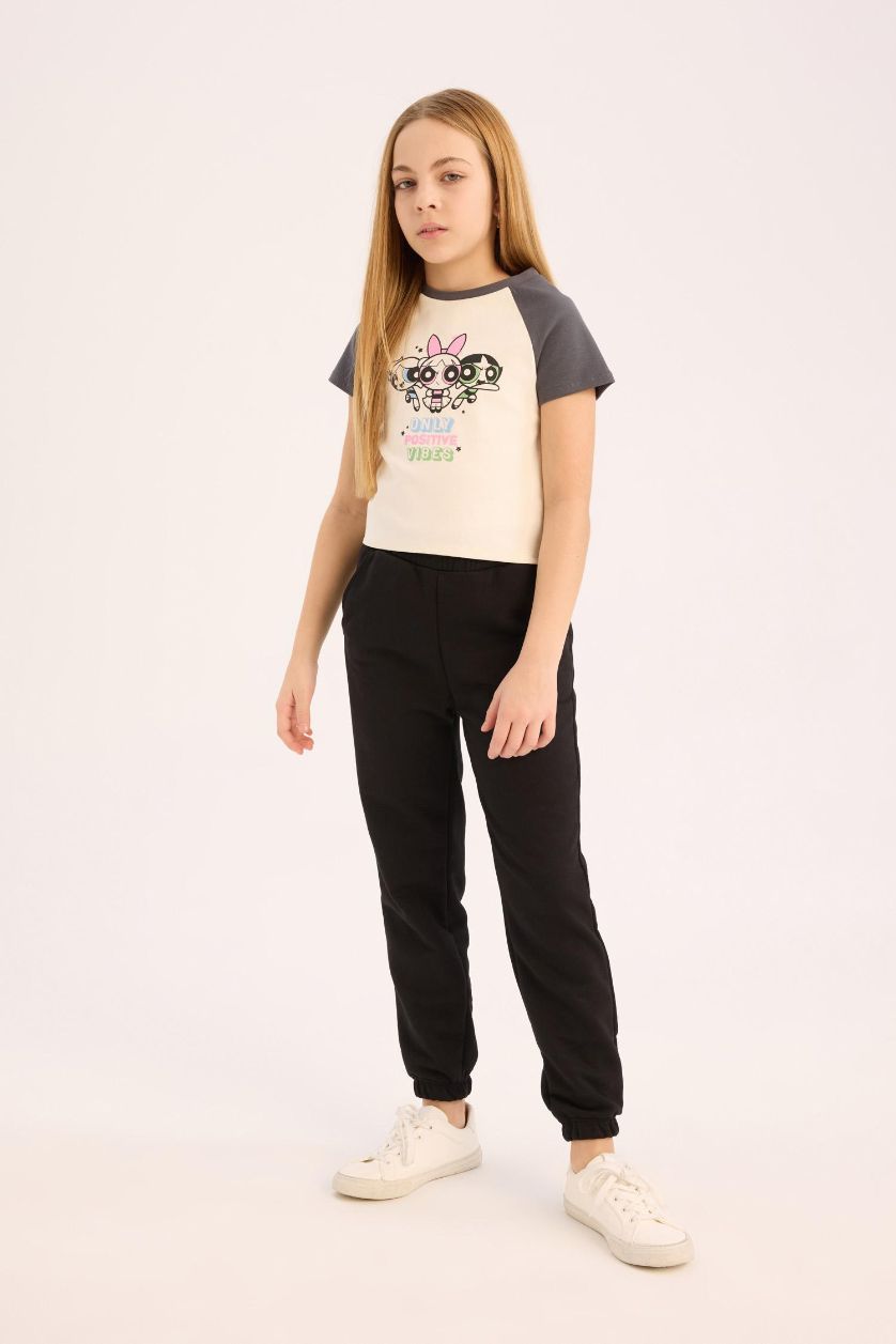 Kız Çocuk - Genç Kız Ekru PowerPuff Girls Cropped Fit Bisiklet Yaka Fitilli Kaşkorse Kısa Kollu Tişört Kız Çocuk