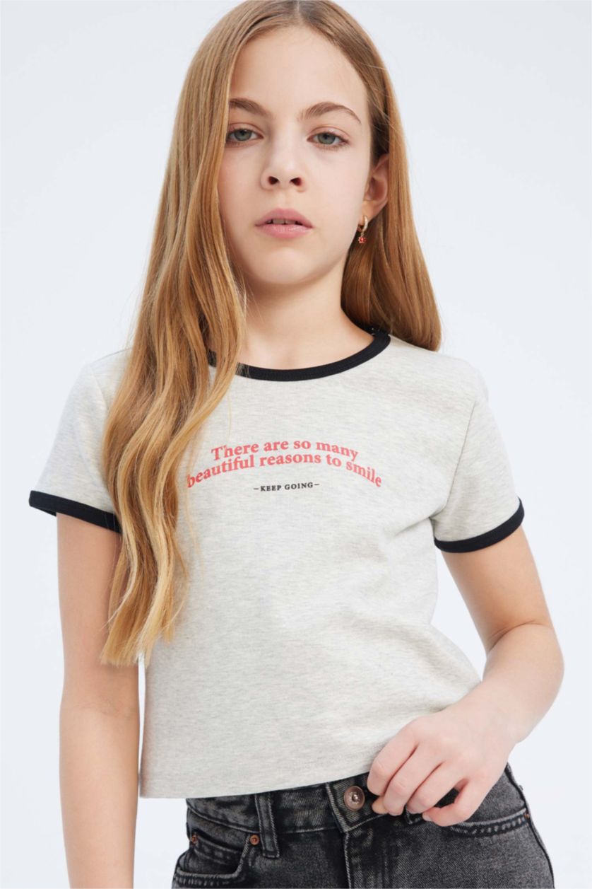 FILLES Gris T-shirt slim imprimé à col rond et manches courtes pour fille