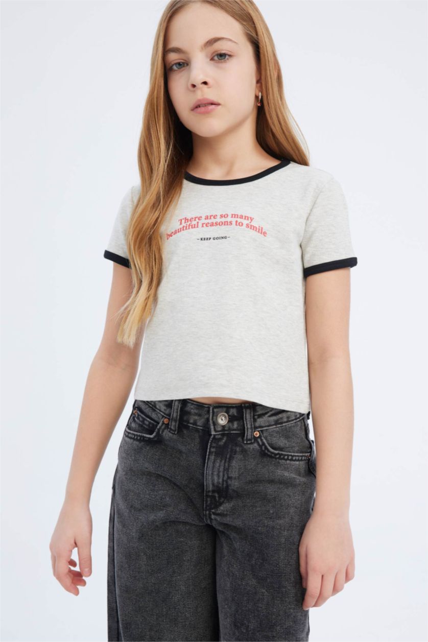 FILLES Gris T-shirt slim imprimé à col rond et manches courtes pour fille