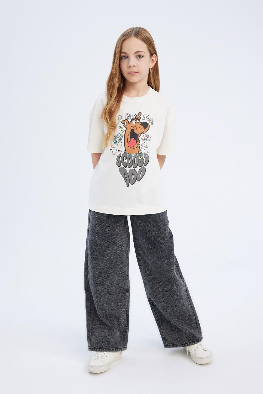 Kız Çocuk - Genç Kız Ekru Scooby Doo Oversize Geniş Kalıp Bisiklet Yaka Kısa Kollu Tişört Kız Çocuk