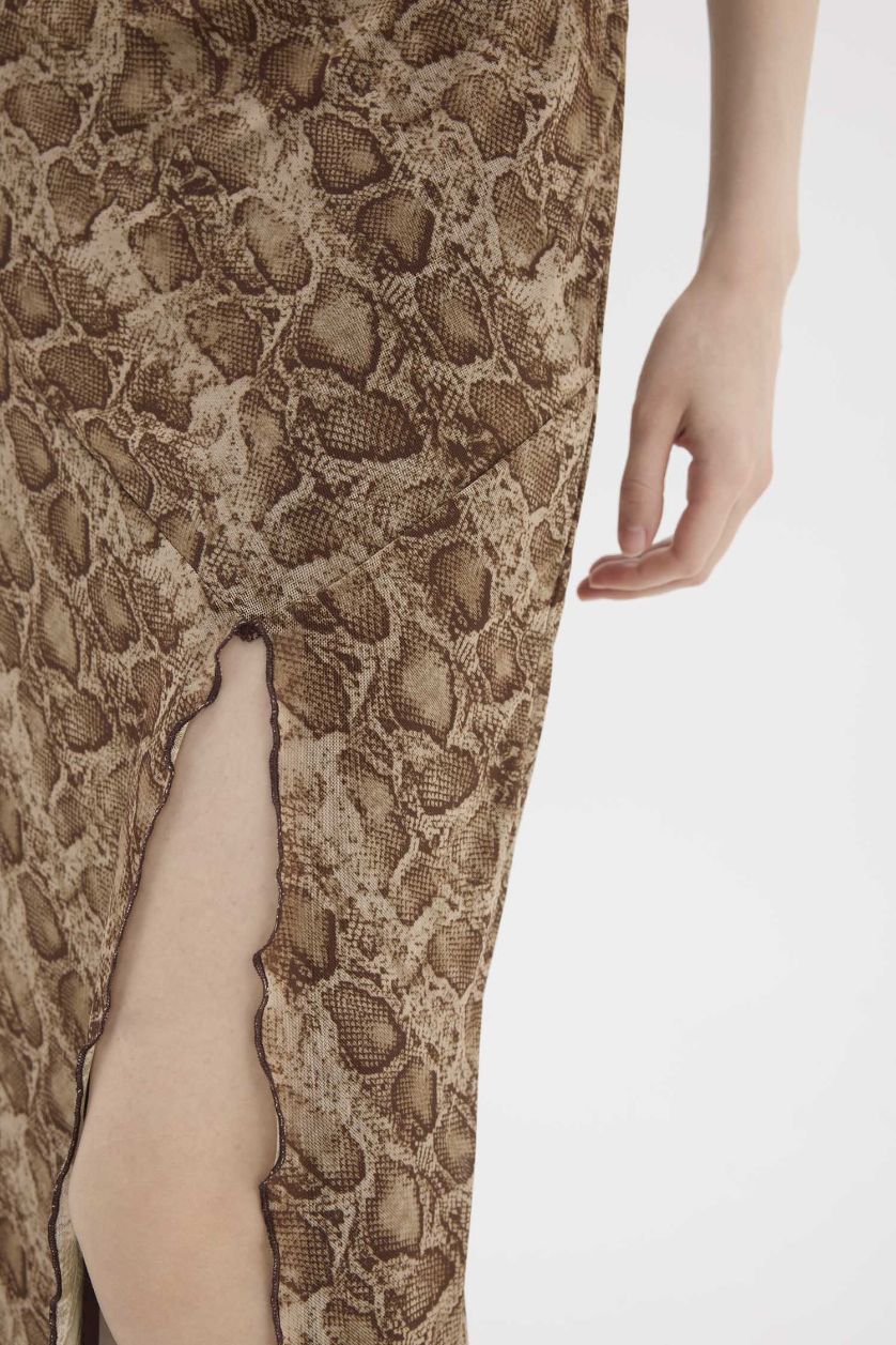 Женщины Бежевый Платье-макси А-силуэта без рукавов из тюля с анималистическим принтом