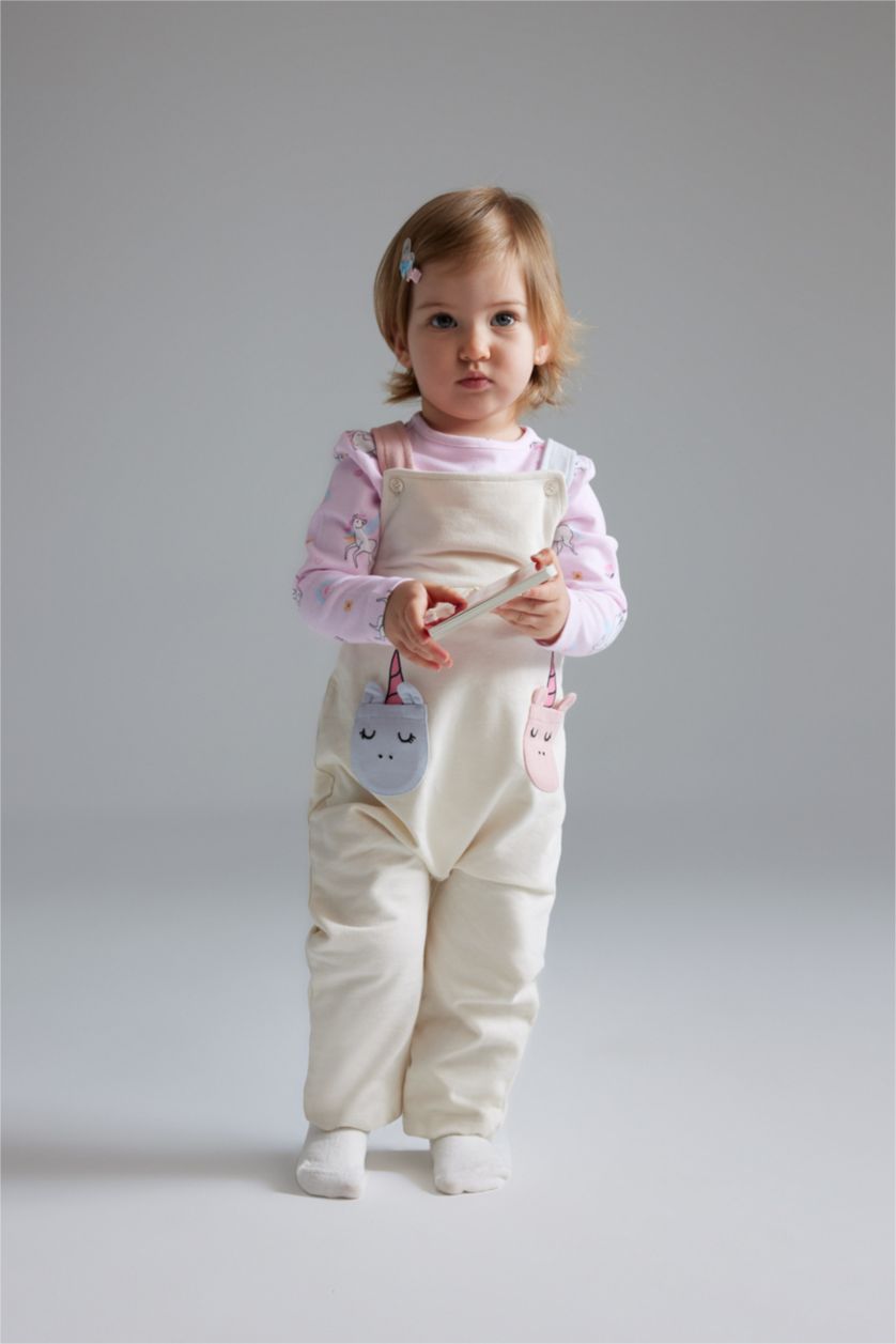 Baby Girls Ecru Baby Girl Unicorn Printed Sweatshirt Jumpsuit 2 Piece Set
