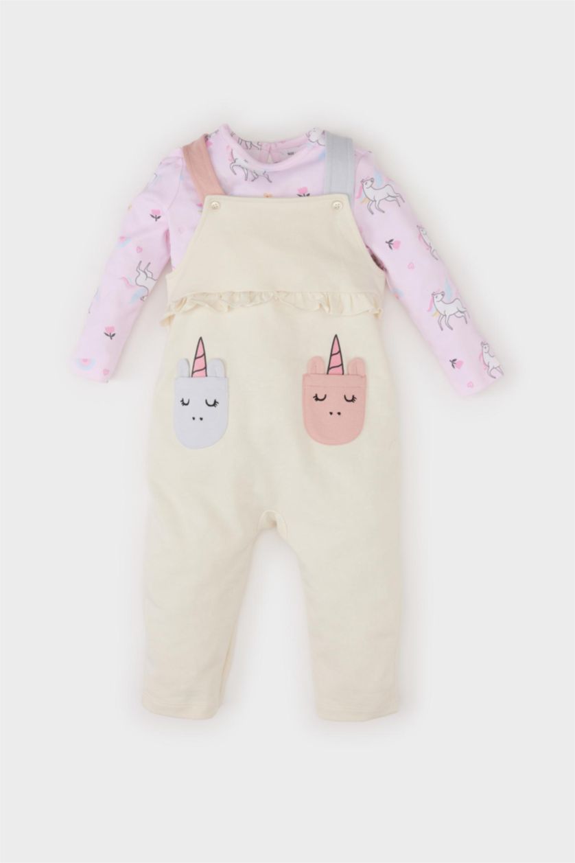 Baby Girls Ecru Baby Girl Unicorn Printed Sweatshirt Jumpsuit 2 Piece Set