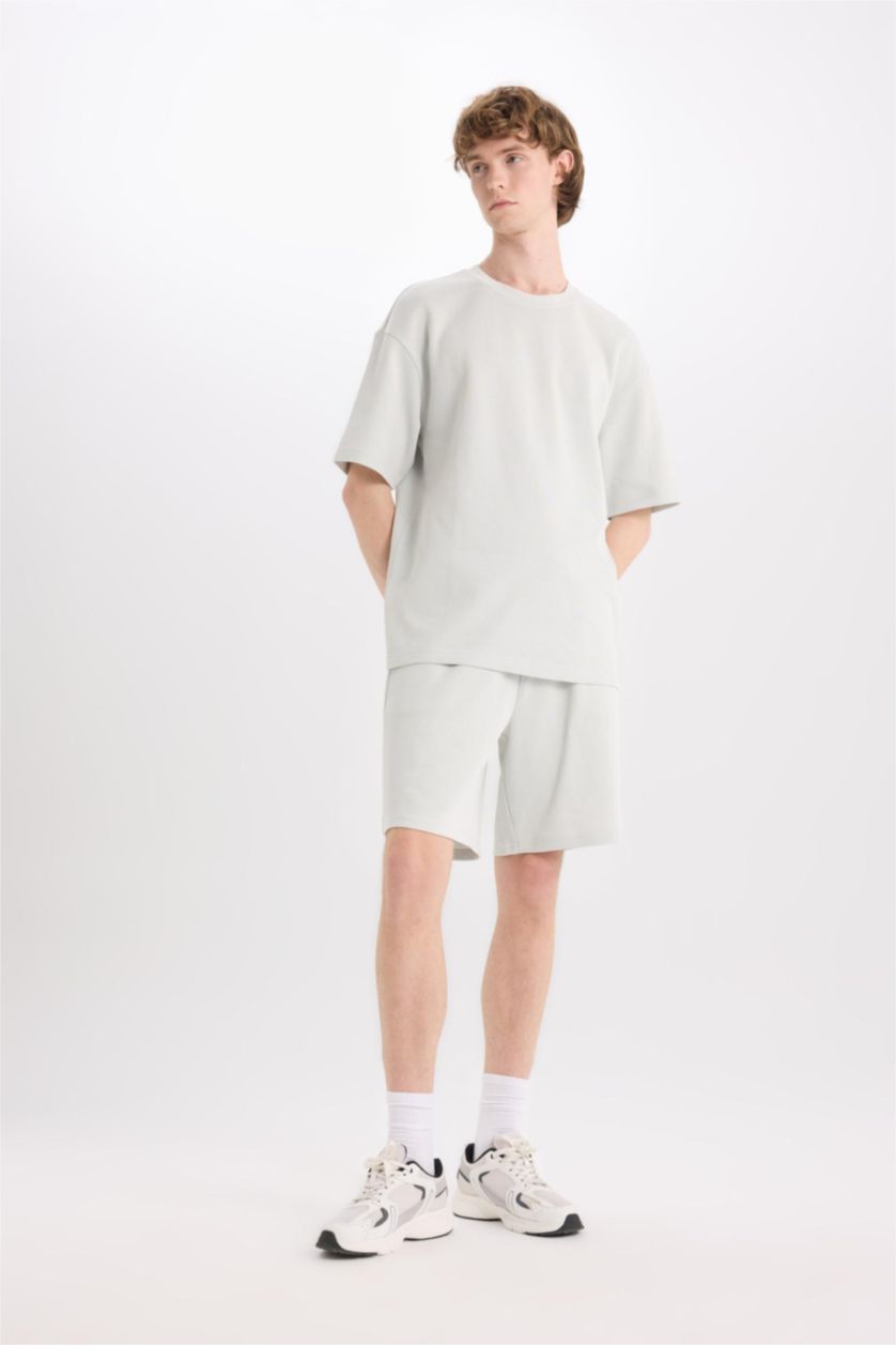 Erkek Açık Gri %100 Pamuk Boxy Fit Bisiklet Yaka Kısa Kollu Tişört