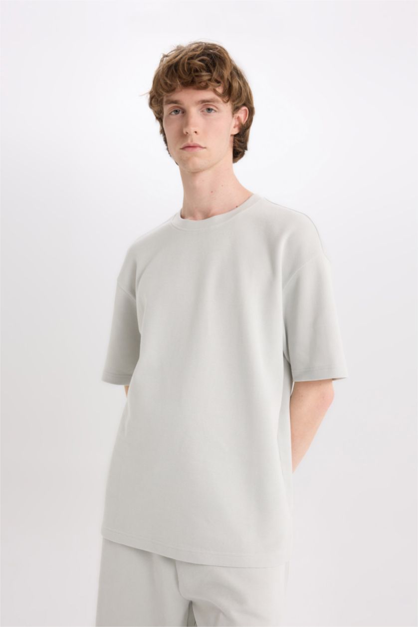 Erkek Açık Gri %100 Pamuk Boxy Fit Bisiklet Yaka Kısa Kollu Tişört