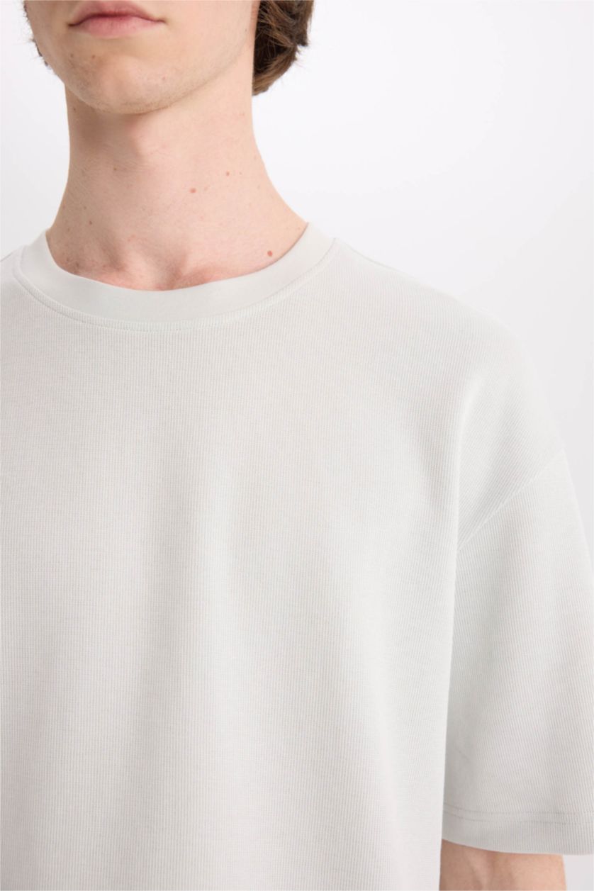 Erkek Açık Gri %100 Pamuk Boxy Fit Bisiklet Yaka Kısa Kollu Tişört